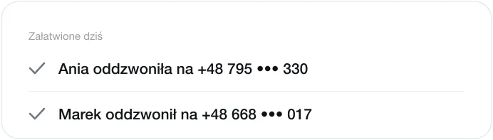 Status oddzwonienia i osoba, która oddzwoniła