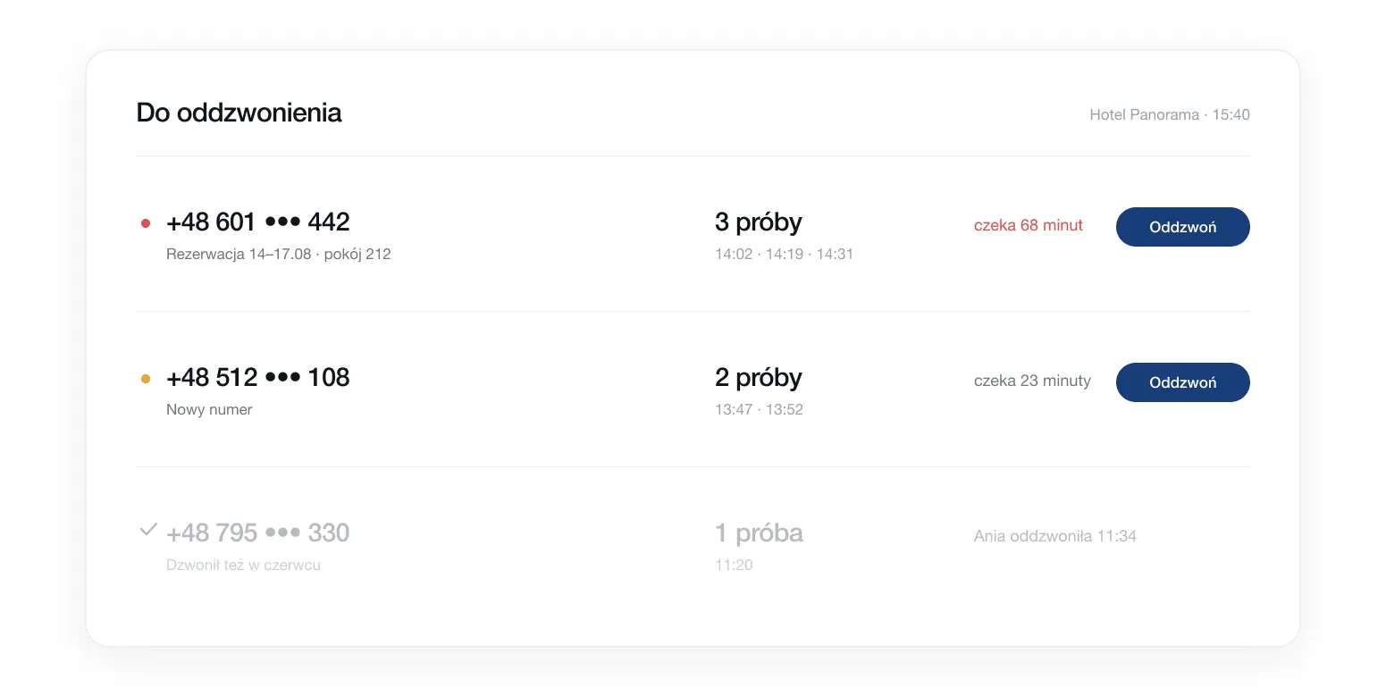 Panel numac z listą nieodebranych połączeń
